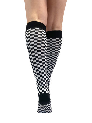 Black and white checkerboard high knee socks back
