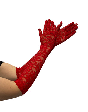 Long floral lace gloves red