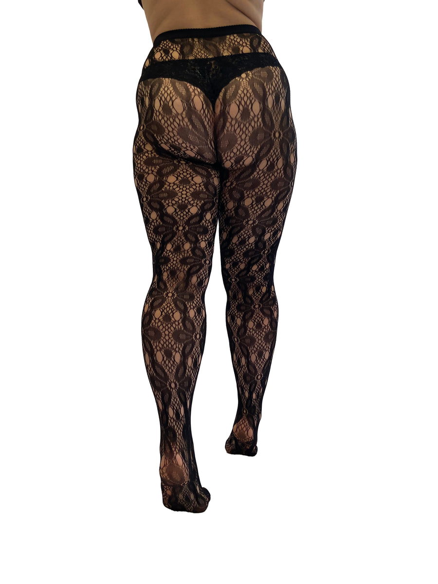 Large daisy patterned tights black