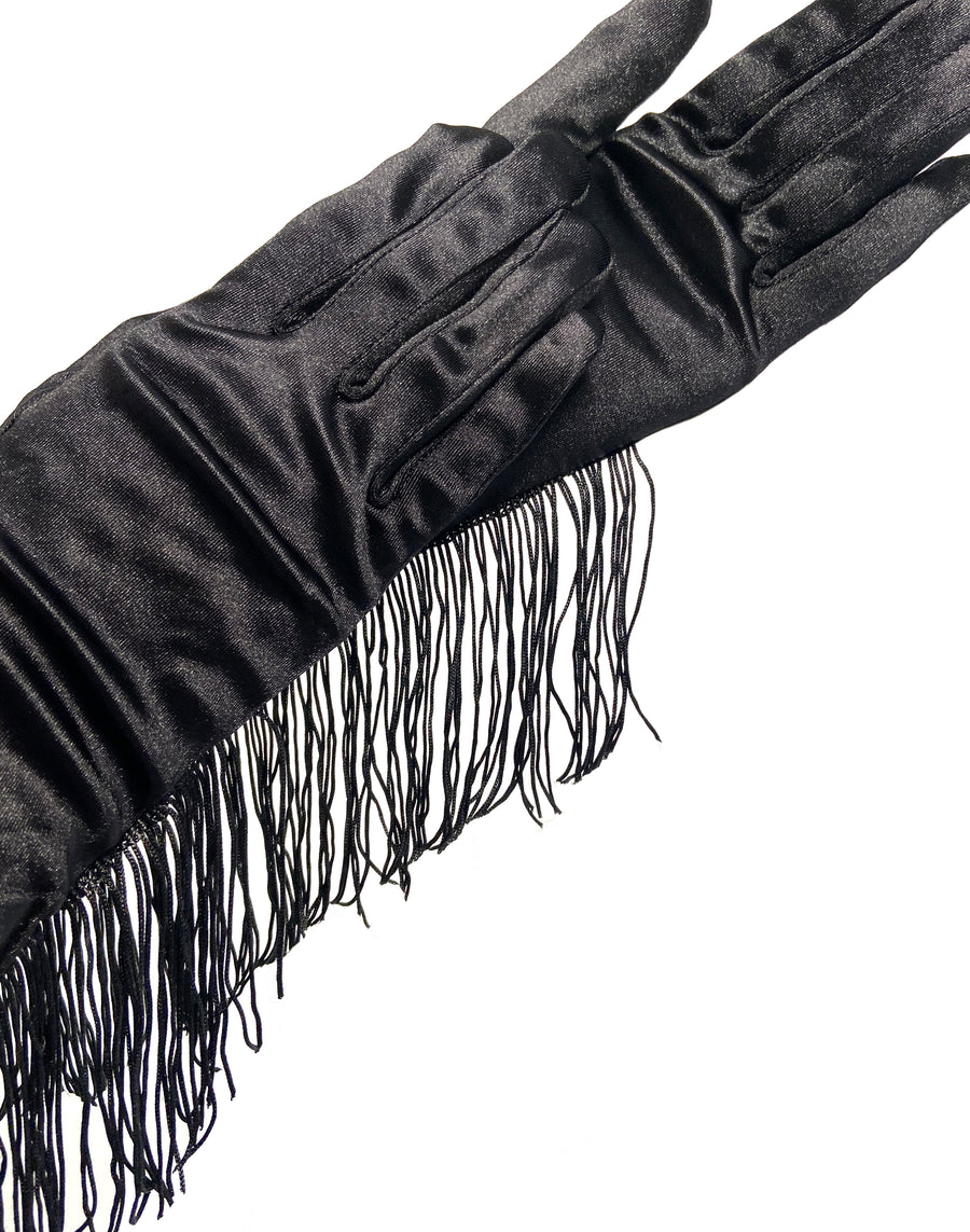 Satin gloves with fringing detail black