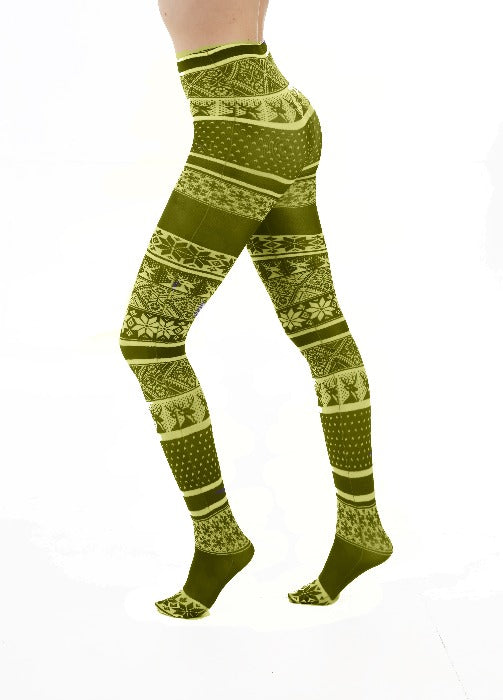 Fair Isle Patterned Footless Tights Black and Green an Opaque