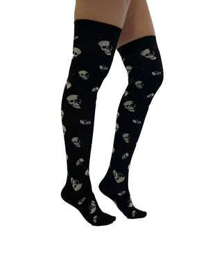 side view All Over Skulls Over The Knee Sock black and white