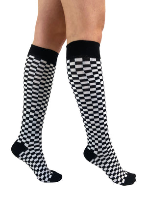 Black and white checkerboard high knee socks side view