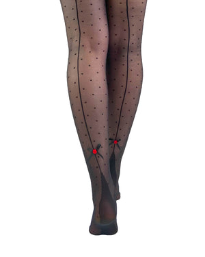 Dotty Seamed Tight With Back Bow & Red Rose black close up