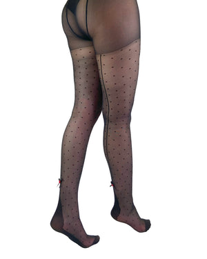 Dotty Seamed Tight With Back Bow & Red Rose balck side view