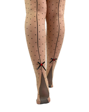 Dotty Seamed Tight With Back Bow & Red Rose Nude close up