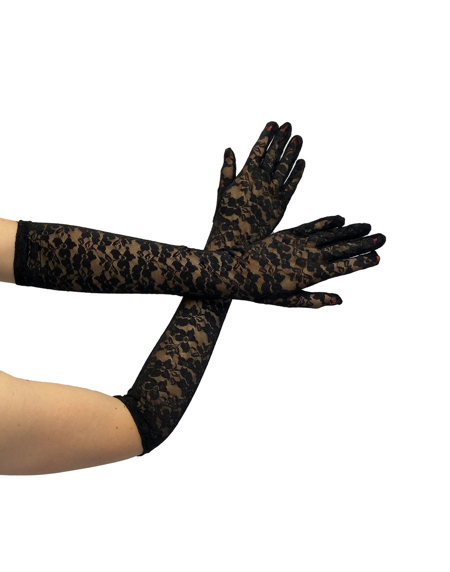 Long floral lace gloves black