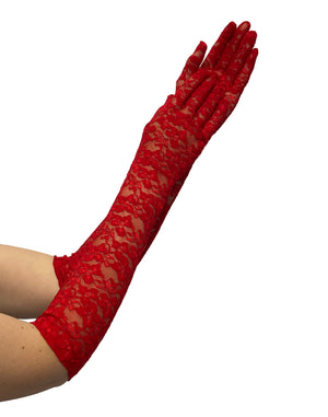 Long floral lace opera gloves red