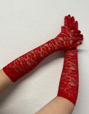 Long opera style lace gloves red