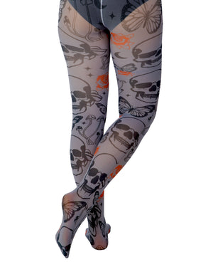 Red Rose Skull Printed Tights