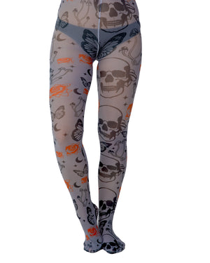 Red Rose Skull Printed Tights