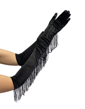 Satin gloves with fringing detail black