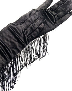 Black satin gloves with fringing detail close up