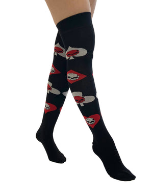 Black Over Knee Socks with Skulls on Hearts and Clubs