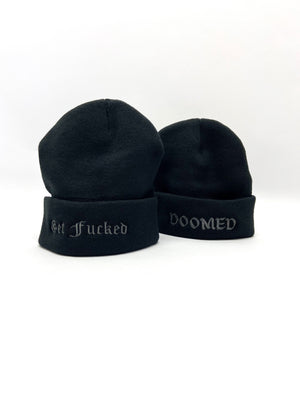 Doomed and Get f*cked beanie standing black embroidery