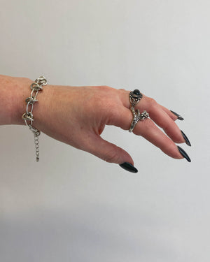 silver skull ring set with barbed wire bracelet