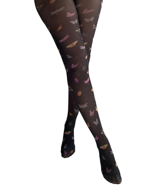 Printed tights from Pamela Mann wholesale hosiery, black tights with bugs and butterflies print