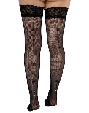 Fishnet Lace Top Hold Ups with Seam, Bow and Diamante - Clearance