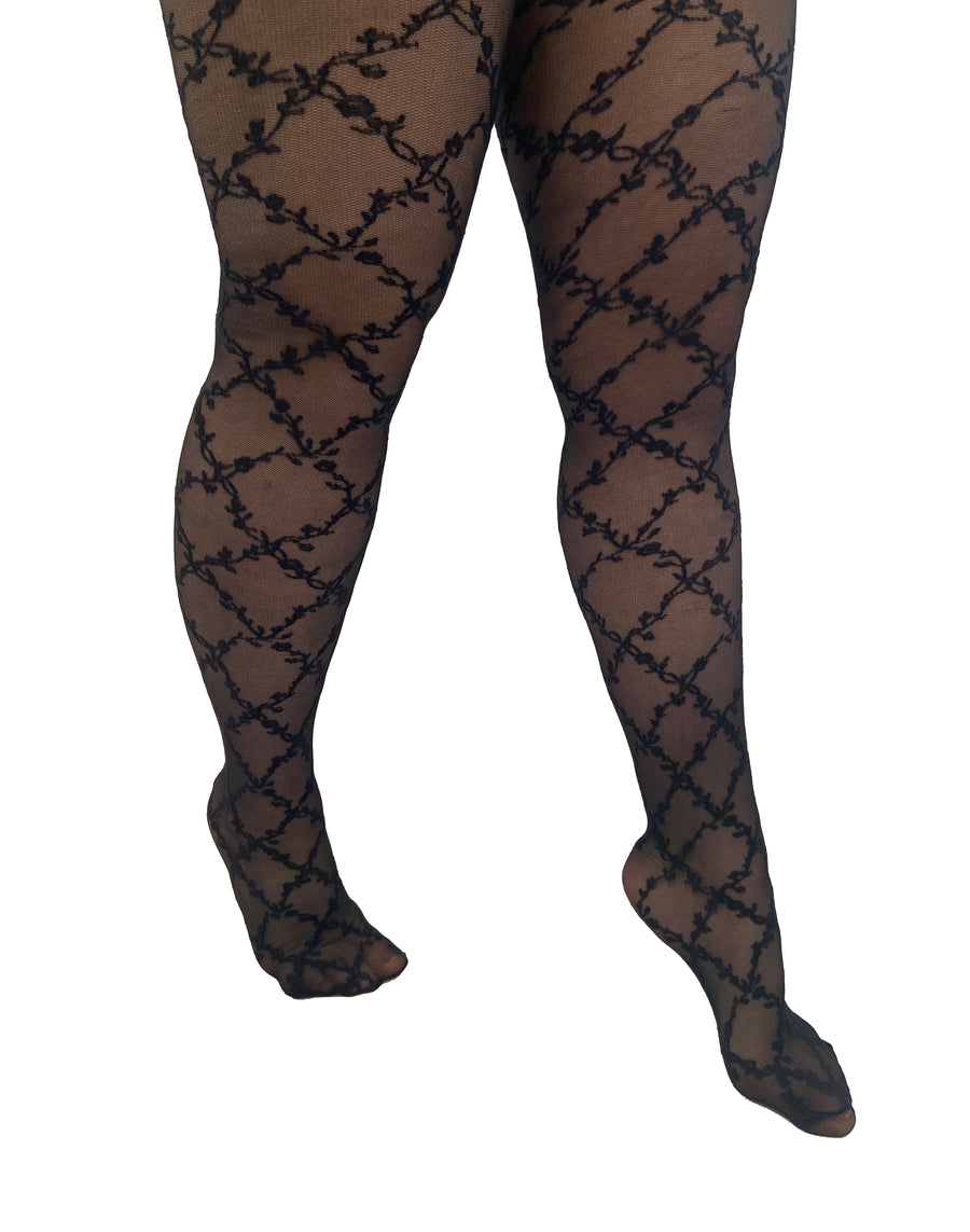 Floral Criss Cross stretchy tights in black