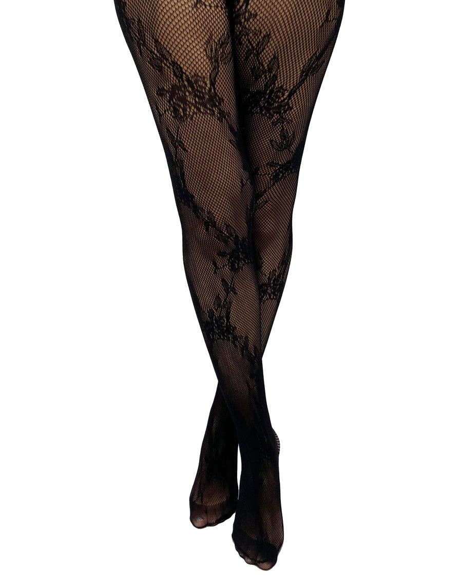 Side view of fishnet tights with floral lace pattern from Pamela Mann