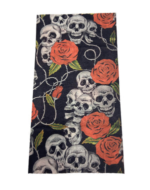 printed snood, black with white skull and red rose pattern
