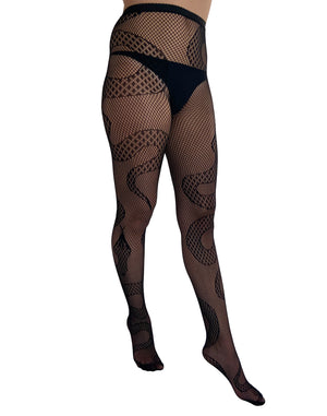 Side view of Fishnet tights with snake pattern from Pamela Mann's alternative tights wholesale collection