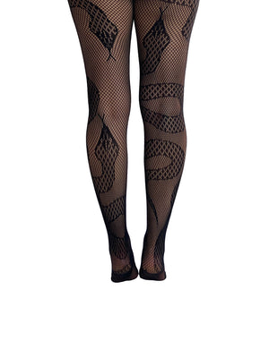 Back view of Fishnet tights with snake pattern from Pamela Mann's alternative tights wholesale collection